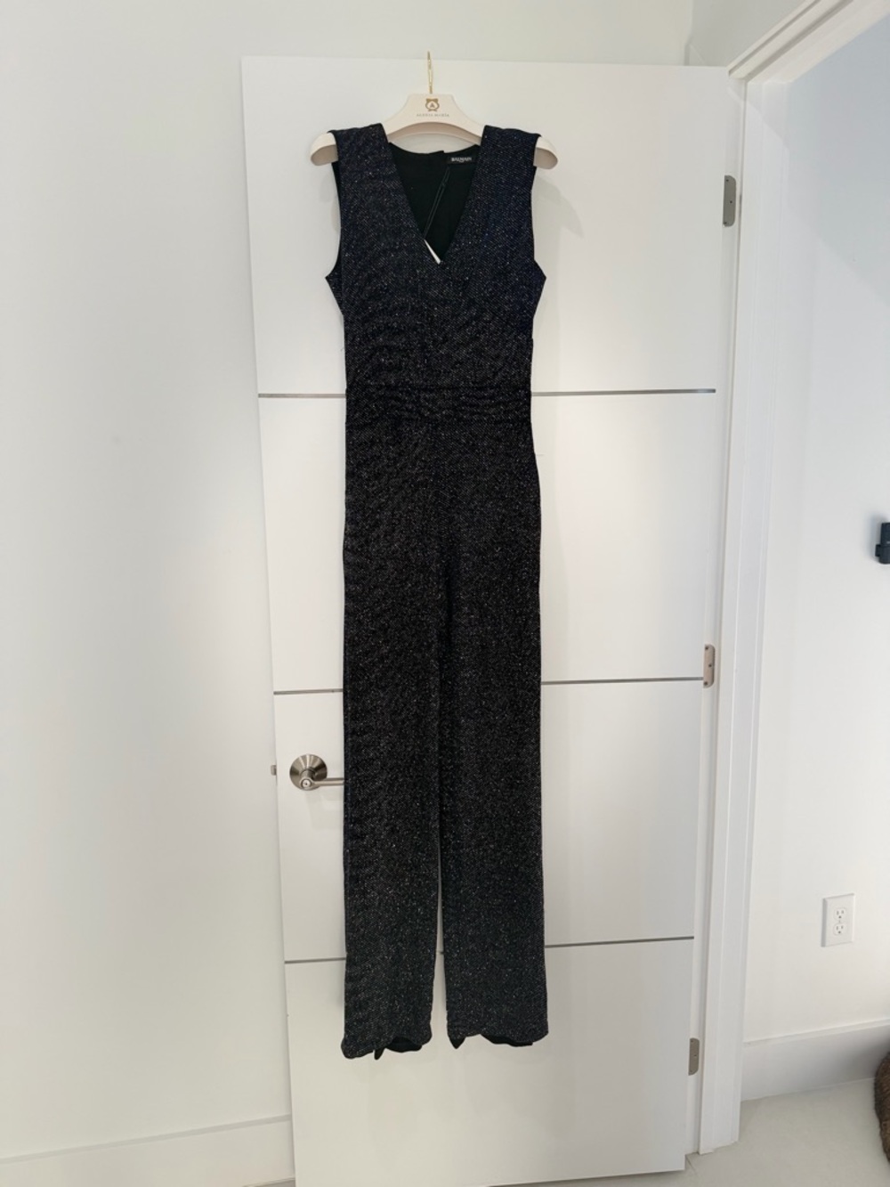 Balmain Sparkle Sleeveless V-Neck Jumpsuit in Black